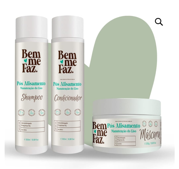 Kit post-lissage Bem Me Faz complet - Shampooing et masque capillaire professionnel pour cheveux lissés - Soin longue durée