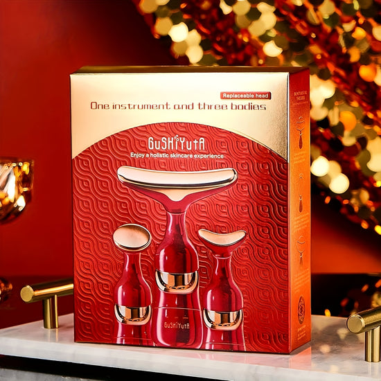 Masseur facial multifonction 4 modes vibration rouge et doré - Appareil beauté visage cou yeux - Dispositif anti-âge raffermissant