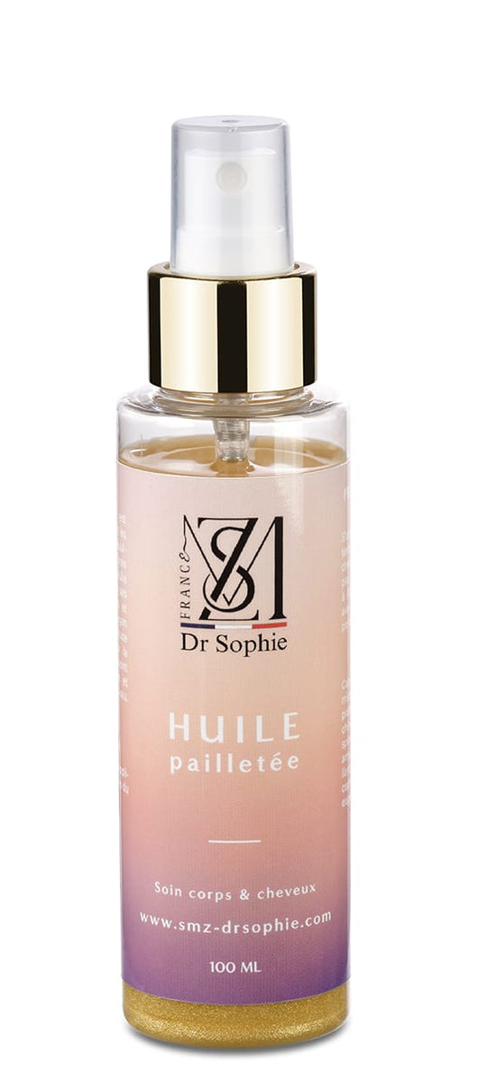 Huile pailletée corps et cheveux bio 100ml - Jojoba argan effet satiné doré illuminateur
