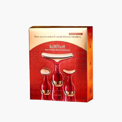 Masseur facial multifonction 4 modes vibration rouge et doré - Appareil de beauté pour visage cou et yeux anti-âge raffermissant
